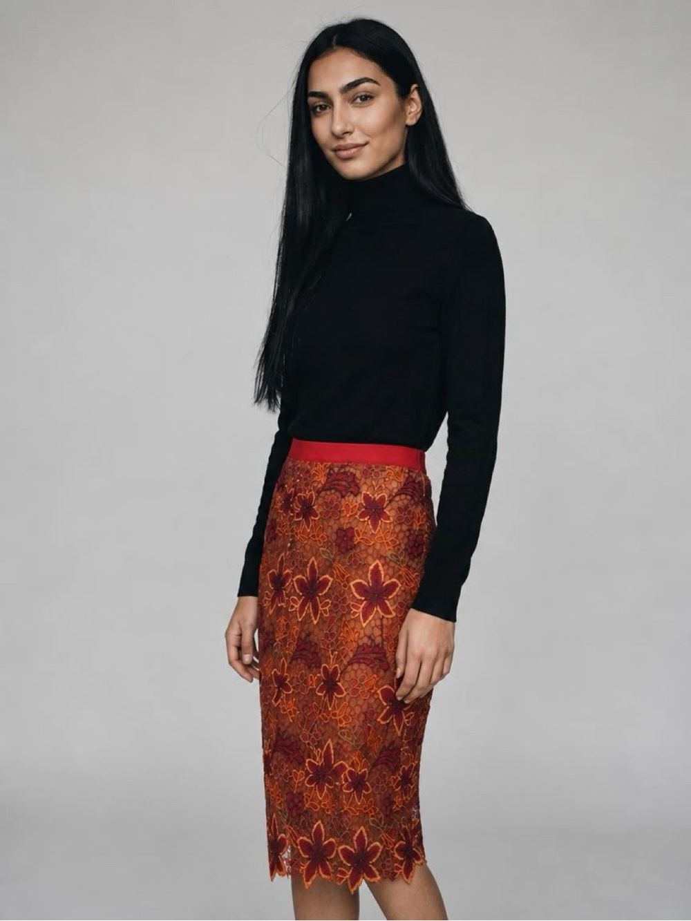 Nora Barth Embroidered Floral Midi Pencil Skirt in Red and Orange